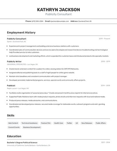 Publicity Consultant Resume