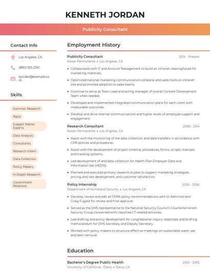 Publicity Consultant Resume