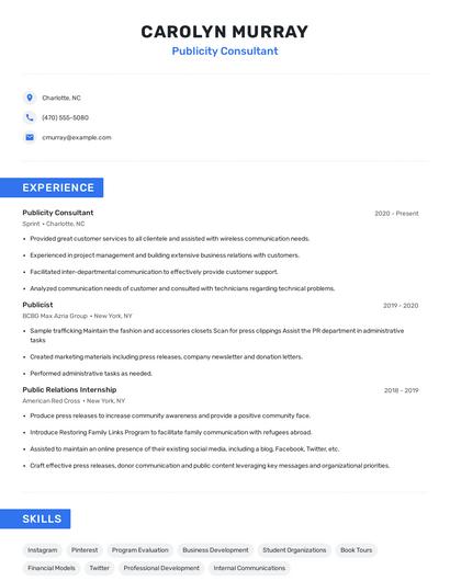 Publicity Consultant Resume