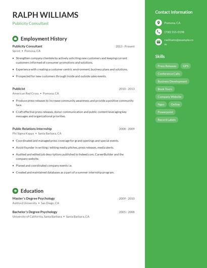 Publicity Consultant Resume