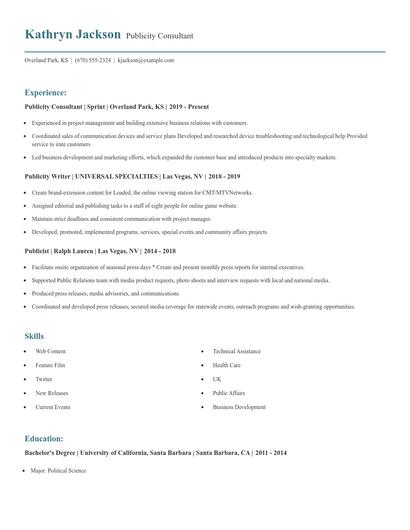 Publicity Consultant Resume