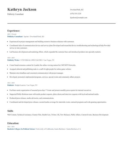 Publicity Consultant Resume