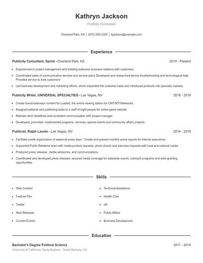 Publicity Consultant Resume