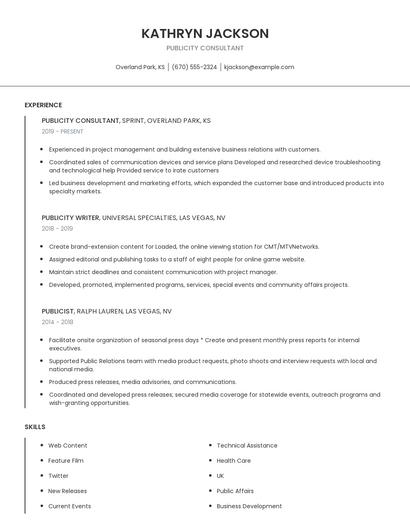 Publicity Consultant Resume