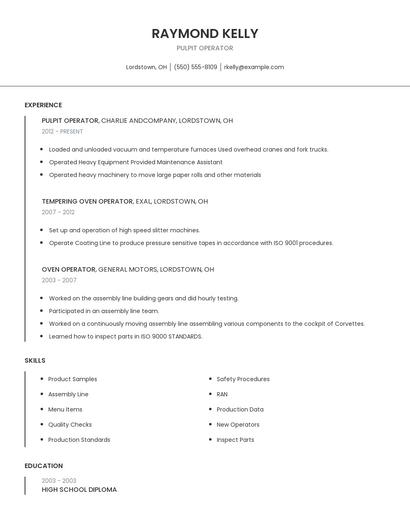 Pulpit Operator Resume