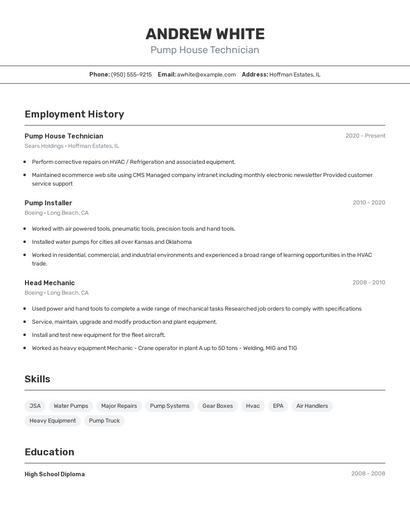 Pump House Technician Resume