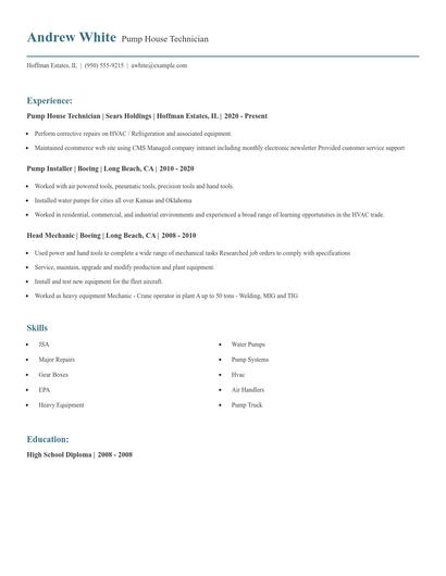 Pump House Technician Resume