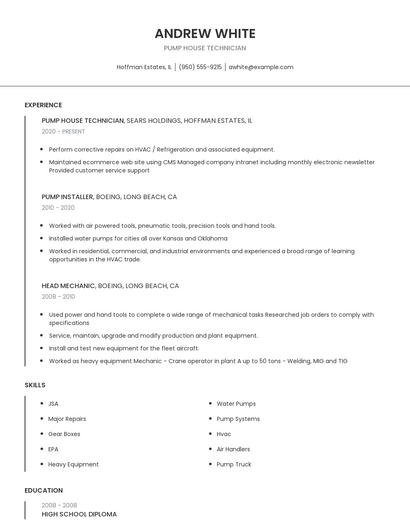 Pump House Technician Resume