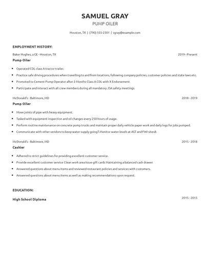 Pump Oiler Resume