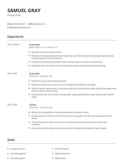Pump Oiler Resume