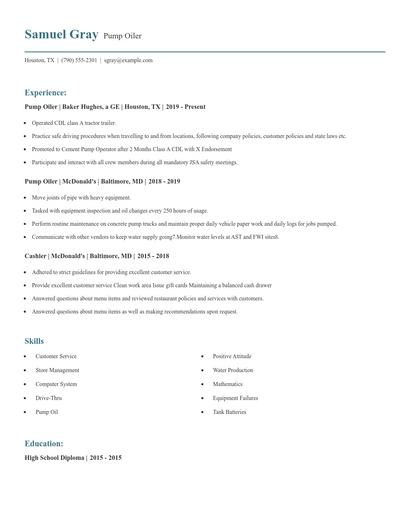 Pump Oiler Resume