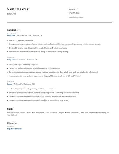Pump Oiler Resume
