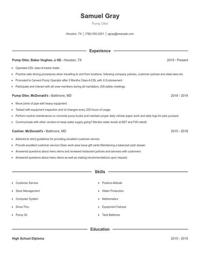 Pump Oiler Resume