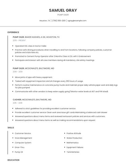 Pump Oiler Resume