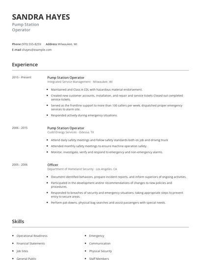 Pump Station Operator Resume