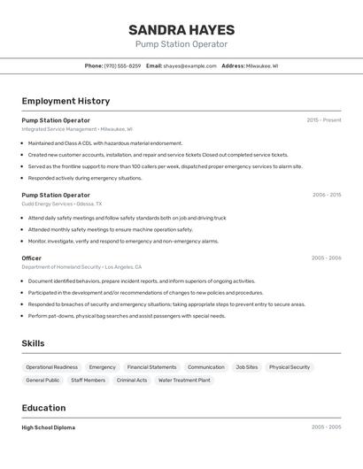 Pump Station Operator Resume