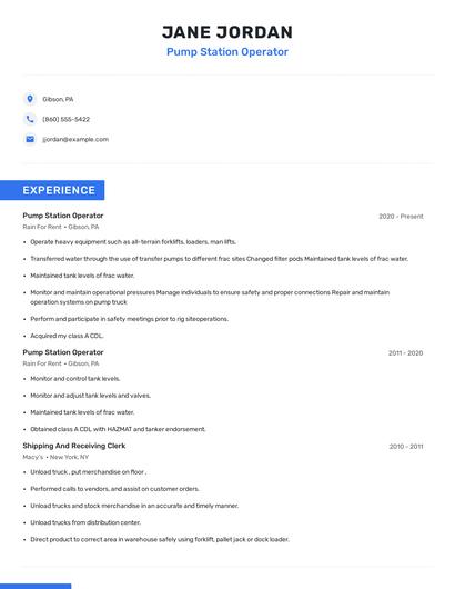 Pump Station Operator Resume