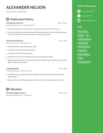 Pump Station Operator Resume