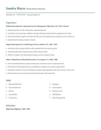 Pump Station Operator Resume