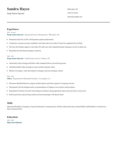Pump Station Operator Resume