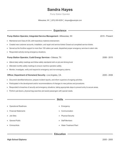 Pump Station Operator Resume