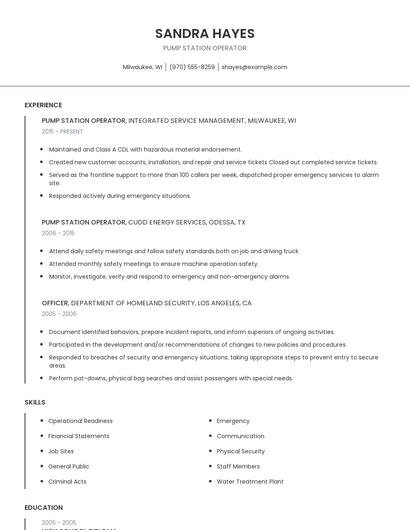 Pump Station Operator Resume
