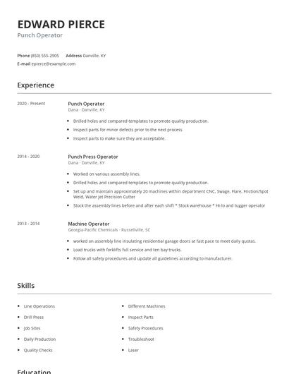 Punch Operator Resume