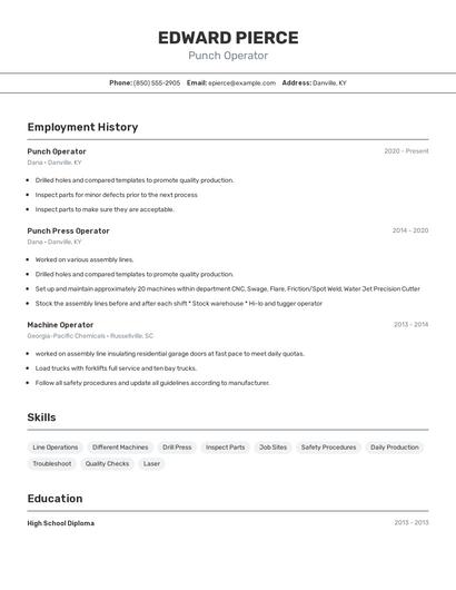 Punch Operator Resume