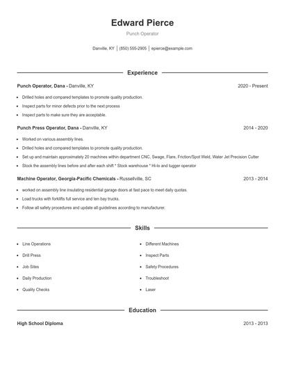 Punch Operator Resume