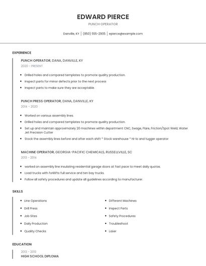 Punch Operator Resume