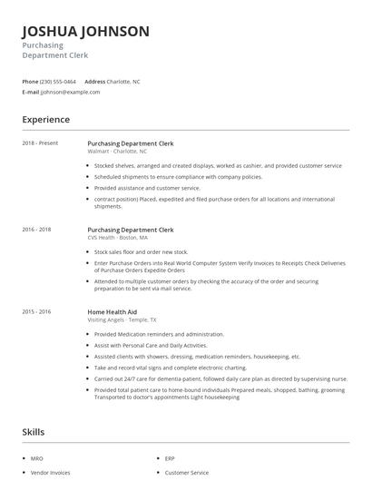 Purchasing Department Clerk Resume