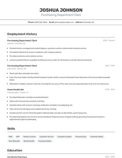 Purchasing Department Clerk Resume