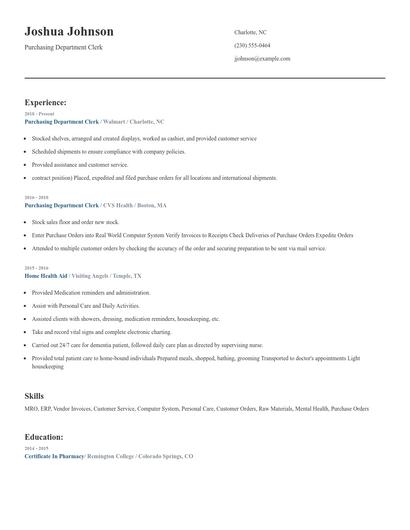 Purchasing Department Clerk Resume