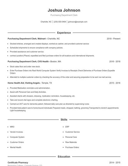 Purchasing Department Clerk Resume