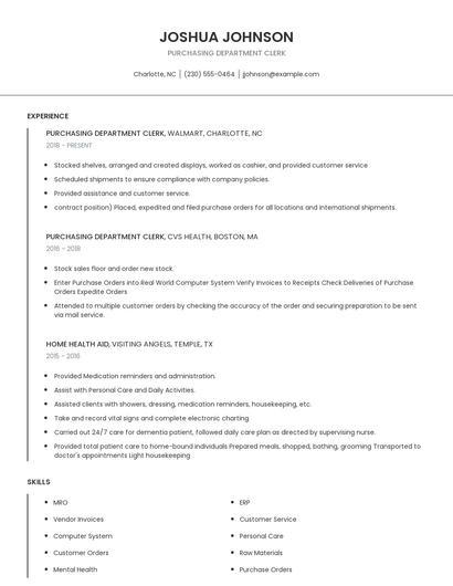 Purchasing Department Clerk Resume