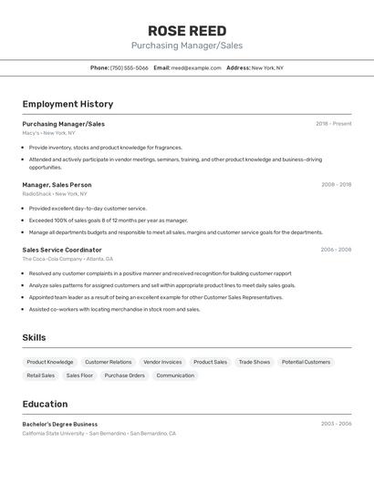 Purchasing Manager/Sales Resume