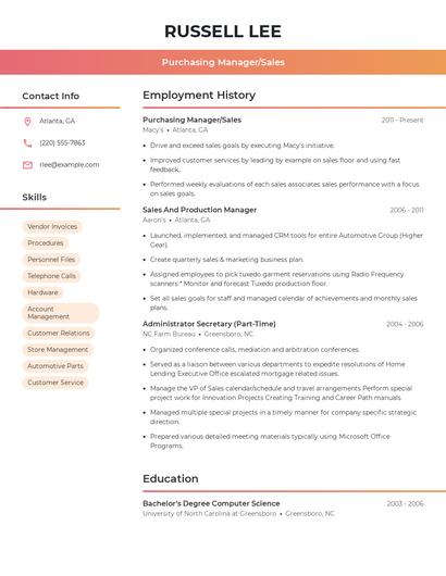 Purchasing Manager/Sales Resume