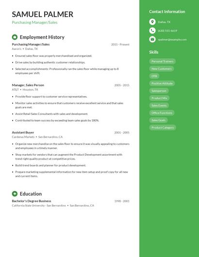 Purchasing Manager/Sales Resume