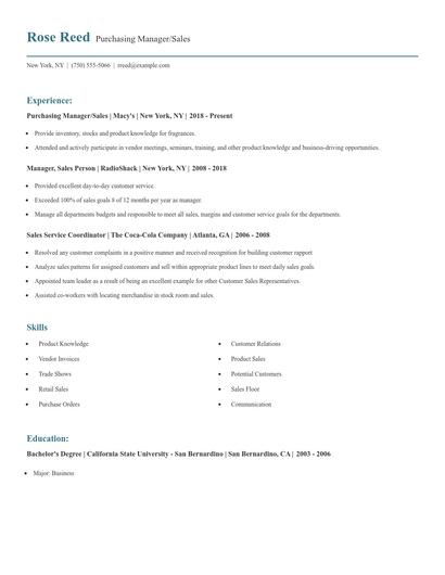Purchasing Manager/Sales Resume
