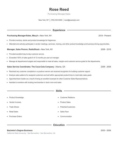 Purchasing Manager/Sales Resume
