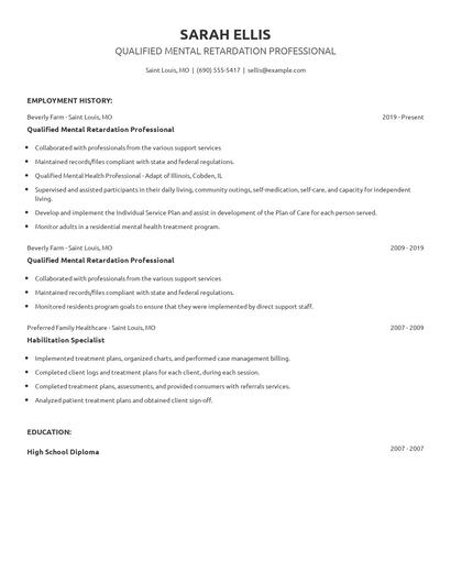 Qualified Mental Retardation Professional Resume