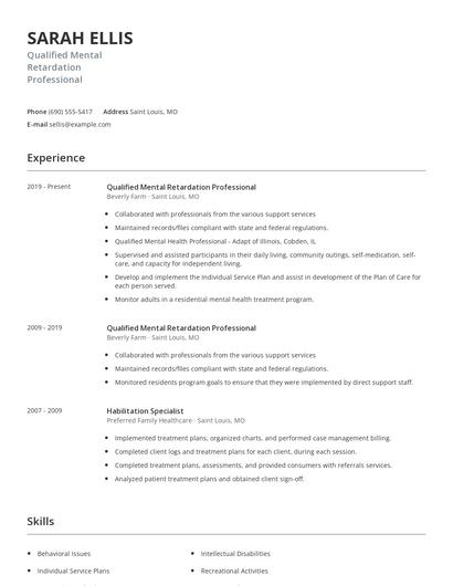 Qualified Mental Retardation Professional Resume