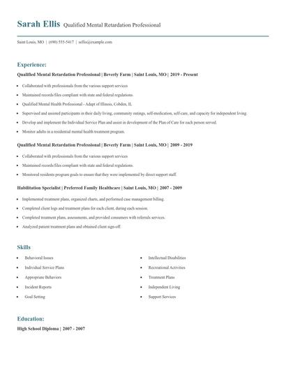 Qualified Mental Retardation Professional Resume