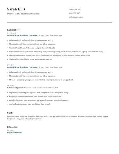 Qualified Mental Retardation Professional Resume
