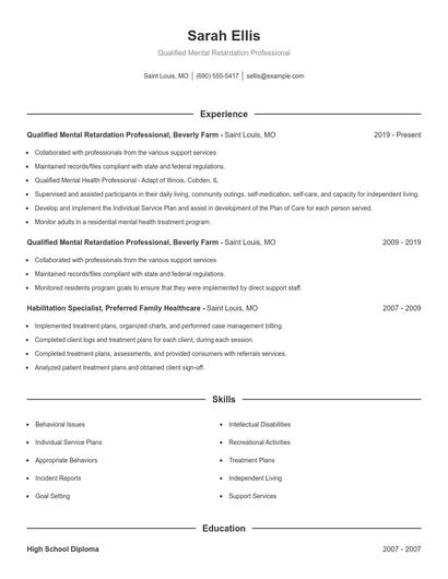Qualified Mental Retardation Professional Resume
