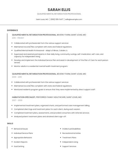 Qualified Mental Retardation Professional Resume