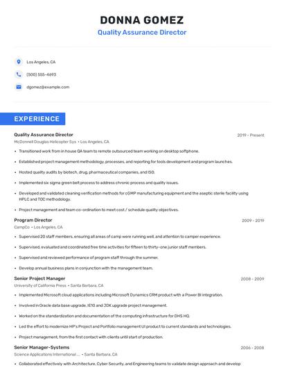Quality Assurance Director Resume