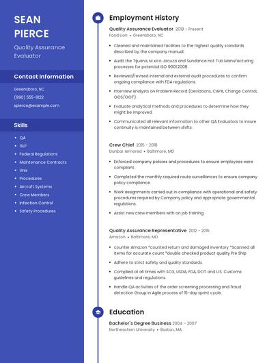 Quality Assurance Evaluator Resume