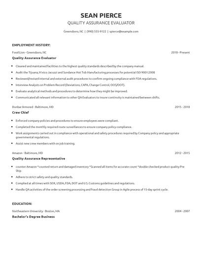 Quality Assurance Evaluator Resume