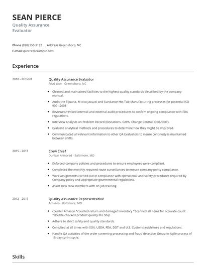 Quality Assurance Evaluator Resume